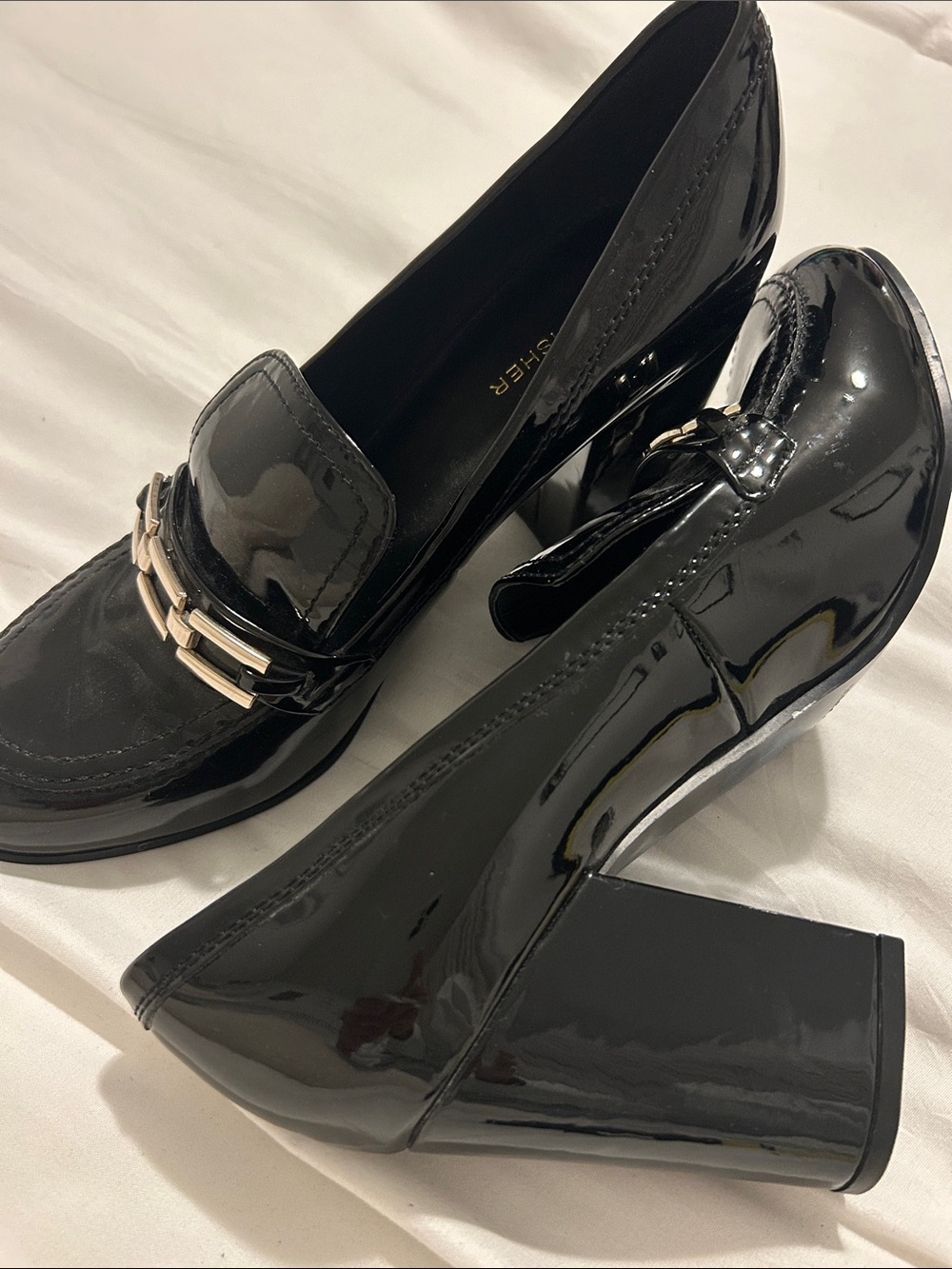 U need these !Marc Fisher Black Patent Loafer Pump with Silver Hardware